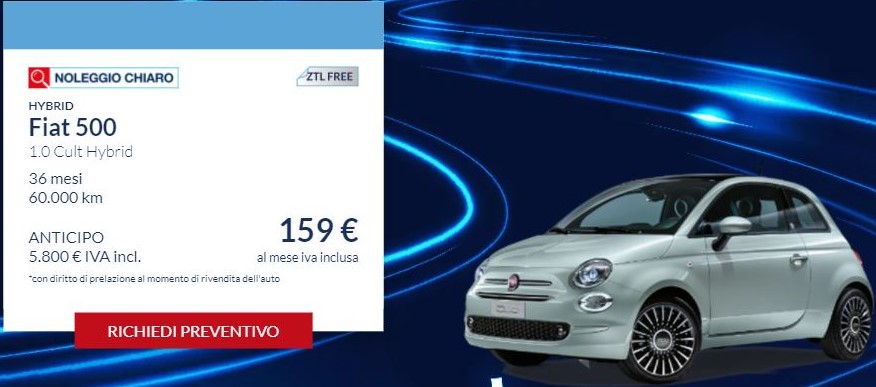 Fiat 500 1.0 Cult Hybrid €. 159 al mese con NOLEGGIO CHIARO LEASYS