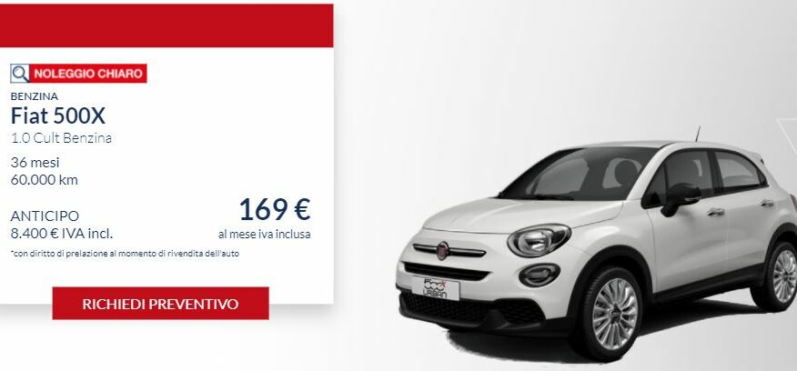 Fiat 500 X 1.0 Cult €. 169 al mese con NOLEGGIO CHIARO LEASYS