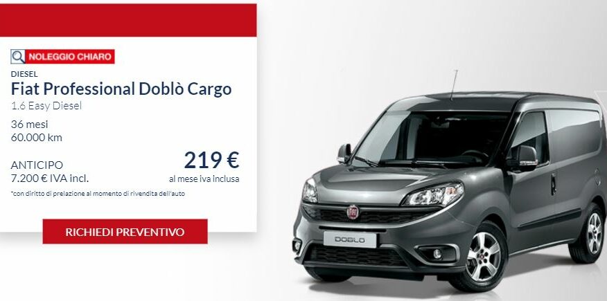 FIAT Doblò Cargo Professional easy diesel €. 219 al mese con NOLEGGIO CHIARO LEASYS