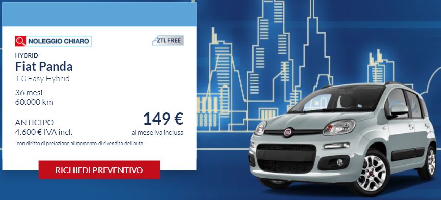Fiat PANDA 1.0 Easy Hybrid €. 149 al mese con NOLEGGIO CHIARO LEASYS