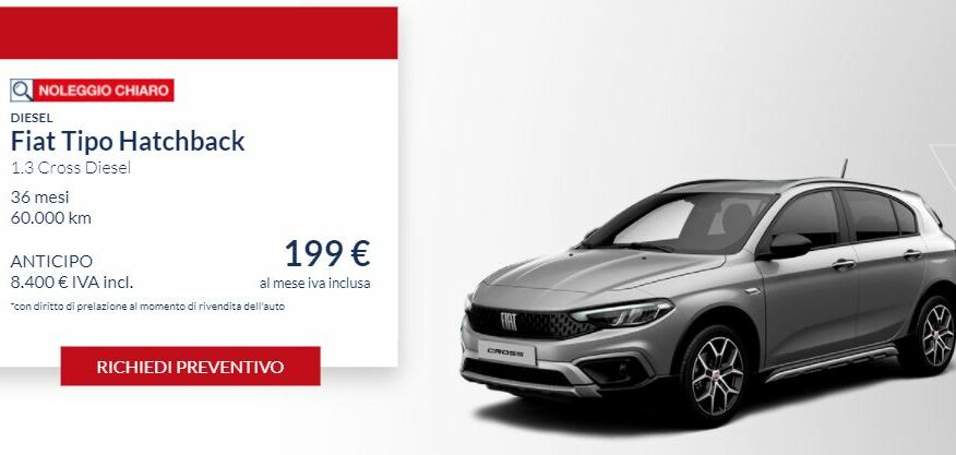 Fiat TIPO Hatchback 1.3 diesel CROSS €. 199 al mese con NOLEGGIO CHIARO LEASYS